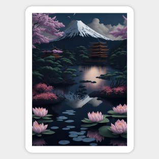 Serene Mount Fuji Sunset - Peaceful River Scenery - Lotus Flowers Sticker